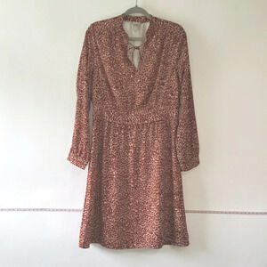 H&M Dress Midi Animal Print Long Sleeves Sz  10 Maroon Red Cream Pleated Lined